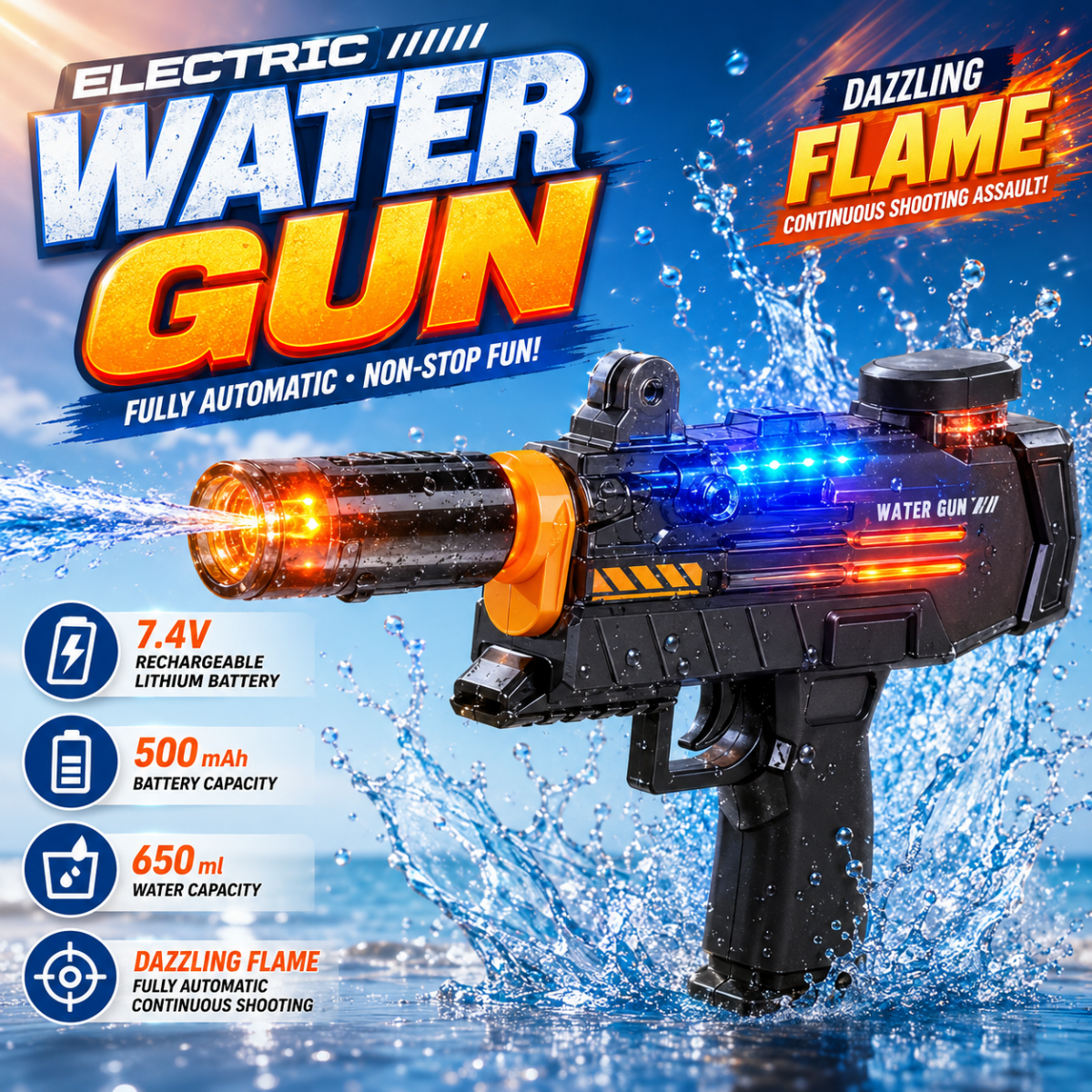 Spitfire Electric Water Gun — Auto Blaster with LED Flame Glow
